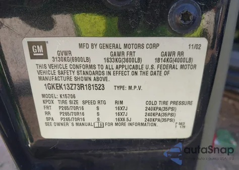 2003 GMC Yukon Slt из США, поврежденный, VIN 1GKEK13Z73R181523